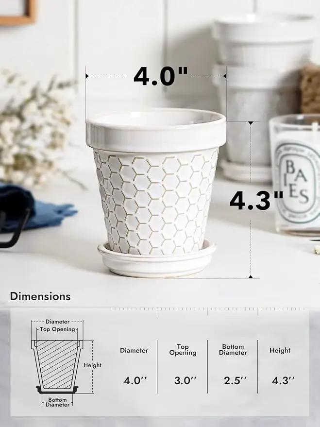 LE TAUCI Ceramic Succulent Pots, 4 Inch Small Plant Pot for Indoor Plant Cactus, Embossed Flower Pots with Drainage Hole & Saucer - Set of 4, Arctic White by GreenHaven Gardens