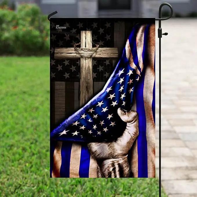 FLAGWIX The Thin Blue Line Christian Cross, America US Flag - 4th of July Decorations for Home, Garden, House Flag (29.5" x 39.5") - USA House Garden Flags Premium Polyester, Decorative Outdoor Flags by GreenHaven Gardens