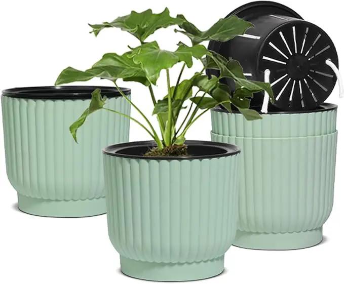 T4U 7 Inch Self Watering Pots for Indoor Plants, 4 Pack Green Plastic Flower Pots for All House Plants, Flowers, African Violets by GreenHaven Gardens