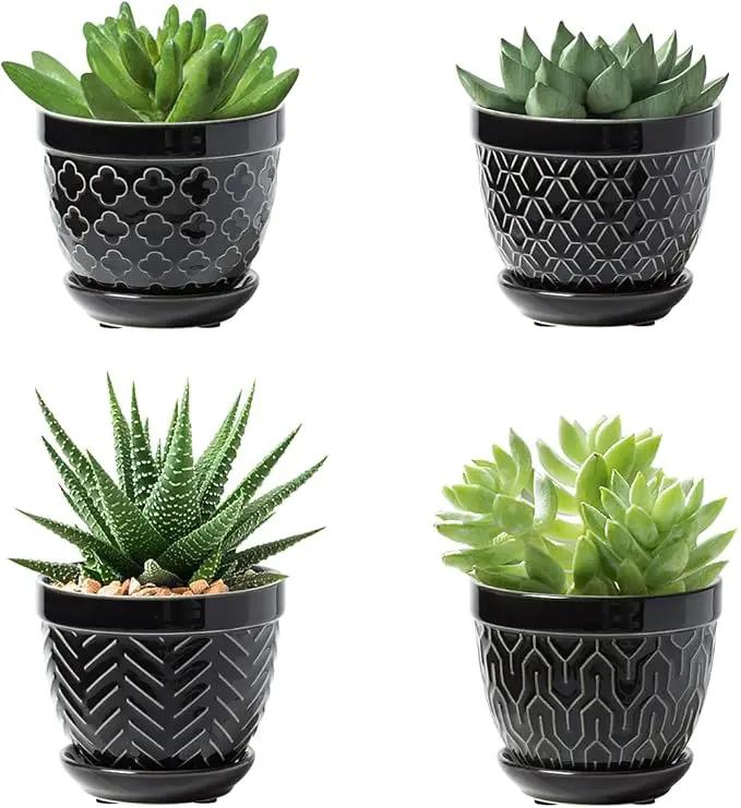 Sureasy Succulent Pots, 3.5 Inch Flower Pots for Indoor Plants, Small Plant Pots with Saucer & Drainage, Decorative Ceramic Planters for Succulent, Cactus, Set of 4, Black by GreenHaven Gardens