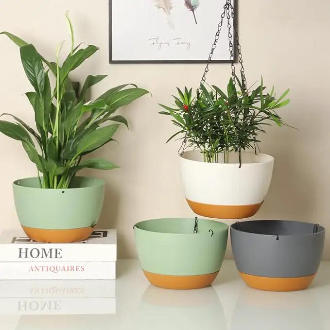 2 Pack Plastic Hanging Planters Set ,10 Inch Hanging Flower Plant Pot with Drainage Hole for Indoor Outdoor Plants, Round Hanging Basket with Removable Tray for Home Garden Porch Balcony Patio Decore by GreenHaven Gardens