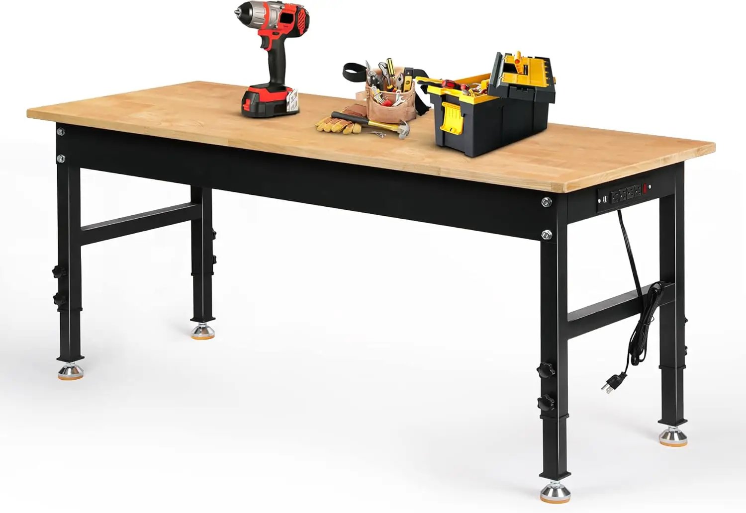 Adjustable Height Workbench, 60" Rubber Wood Top Heavy Duty Workstation with Power Outlets, 2000 LBS Load Capacity Hardwood Worktable for Workshop, Garage, Office, Home, Commercial by GreenHaven Gardens