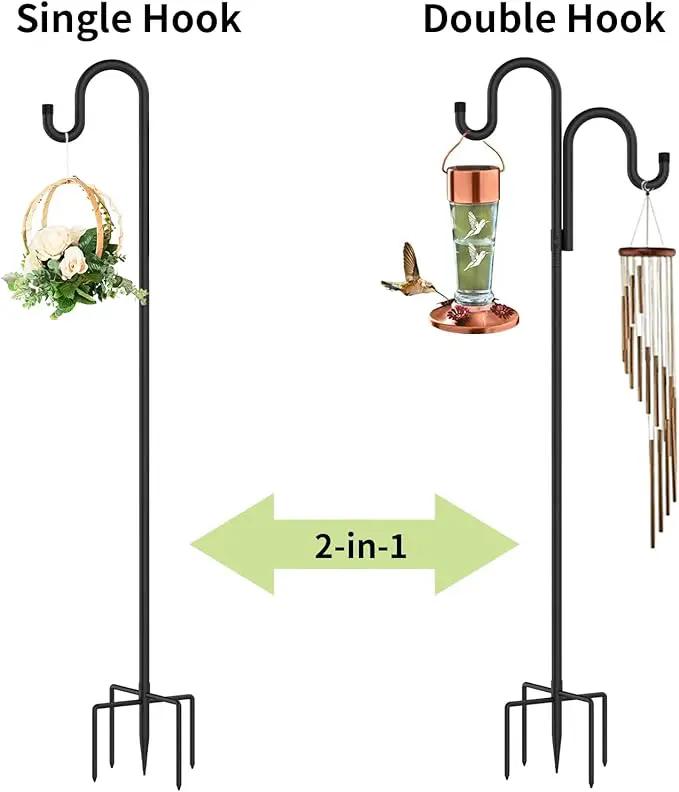 Double Shepherds Hooks for Outdoor, Bird Feeder Pole with 5 Prongs Base, Heavy Duty Garden Hook for Lantern, Wind Chime and Hummingbird Feeder, 45 Inch, 2 Pack by GreenHaven Gardens