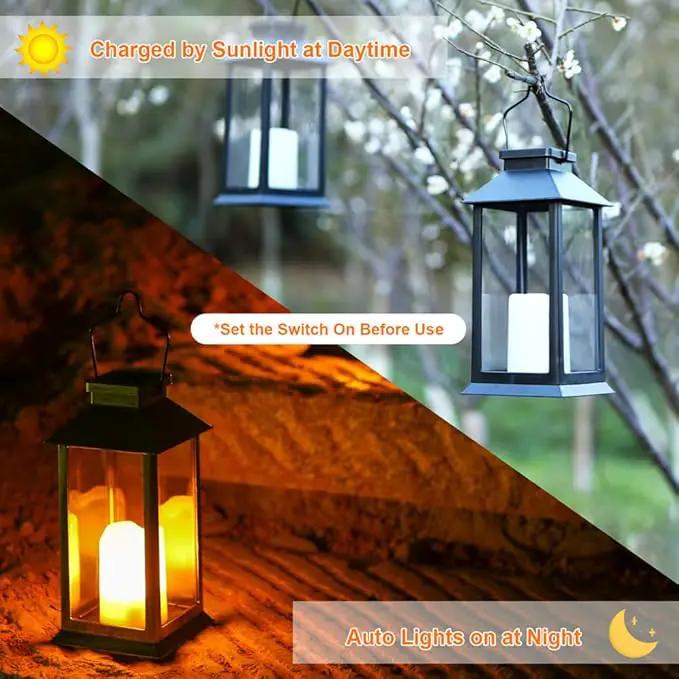 2 Pack Solar Lanterns, Outdoor Garden Hanging Lanterns, 11.8 Inch LED Flickering Flameless Candle Mission Lights for Yard, Table, Patio (Black) by GreenHaven Gardens