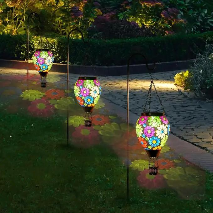 Starsoul Mosaic Flowers Hot Air Balloon Solar Lantern Glass Outdoor Hanging Hot Air Balloon Solar Flickering Flame Light Waterproof Garden Patio Yard Party Decorations by GreenHaven Gardens