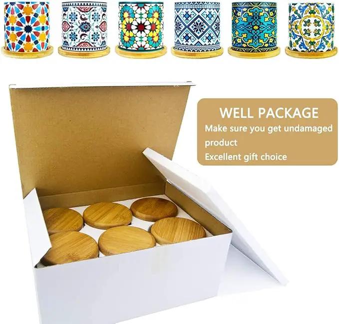 6 Pack Mandala Succulent Plant Pot with Bamboo Trays, Ceramic Multicolored Succulent Container Planter Pot for Small Plant by GreenHaven Gardens