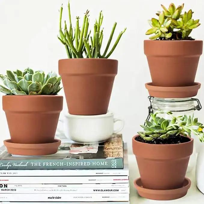 6 PCS Clay pots and Plates, 5-inch red Clay pots with Drainage, Perfect for Indoor, windowsill, and Garden Plants by GreenHaven Gardens