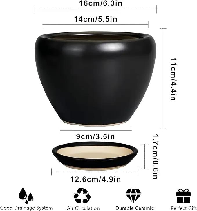 Ceramic Planter Pot - 6 Inch Plant Pot with Drainage Hole and Saucer Round Planter for Indoor Plants Outdoor Succulent Pot Modern Flower Pot for Home Decor Black by GreenHaven Gardens