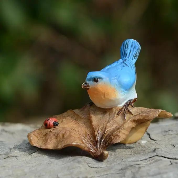 Top Collection Miniature Fairy Garden and Terrarium Statue, Bluebird on Leaf with Ladybug by GreenHaven Gardens