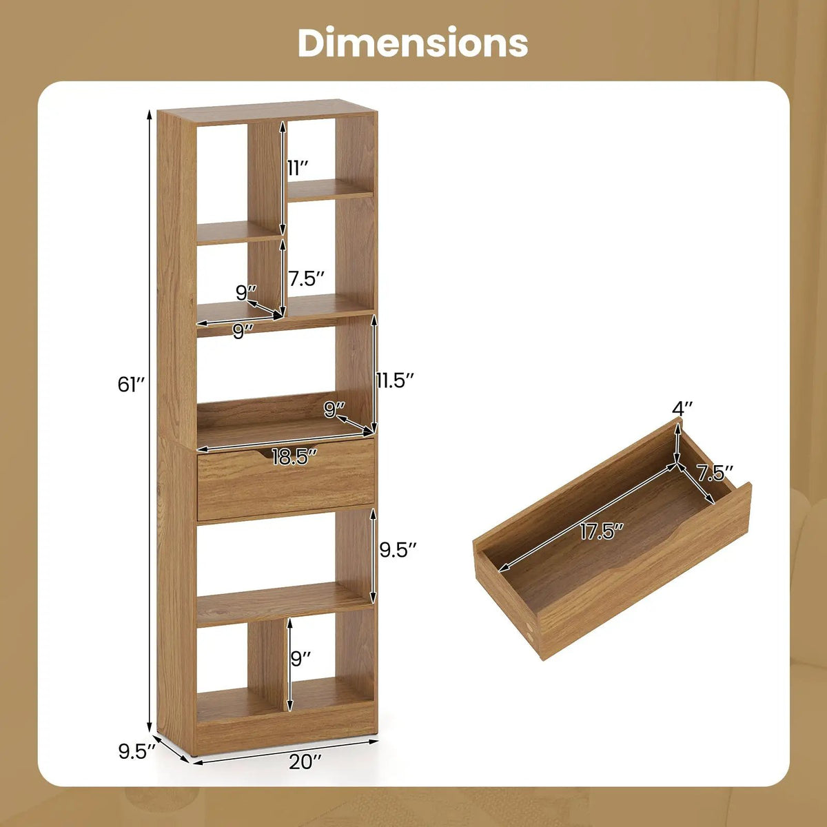 61inch Tall Freestanding Bookcase with Drawer 8-Cube Storage Organizer, photo 7 of 16