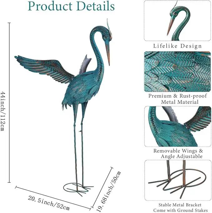44'' Blue Heron Garden Statue, Large Crane Outdoor Statue, Crane Metal Yard Art for Outside Backyard, Pond, Patio, Lawn Decor by GreenHaven Gardens