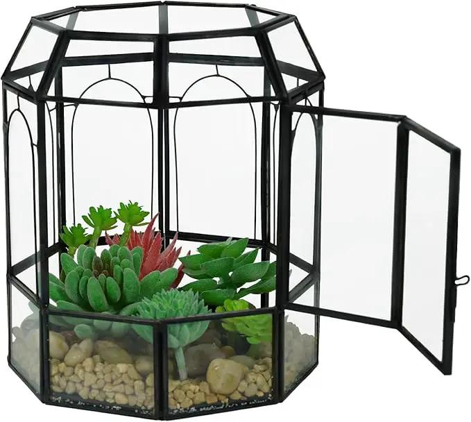 Ferrisland Glass Terrarium Plants with Lid, Black Geometric Terrarium Jar for Succulent Air Carnivorous Plant Moss Snail, Birdcage Shape Tabletop Greenhouse Indoor Decor DIY Presents (Only Terrarium) by GreenHaven Gardens