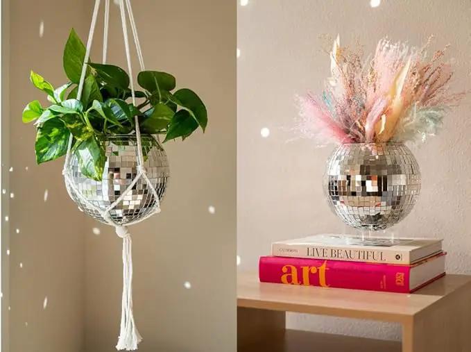 Hanging Disco Ball Planter 8" - with Acrylic Stand and Macrame Plant Hanger - Home Décor, Room Décor, Patio or Boho Décor, Mirror Disco Planter, Disco Decor (8" with Base) by GreenHaven Gardens