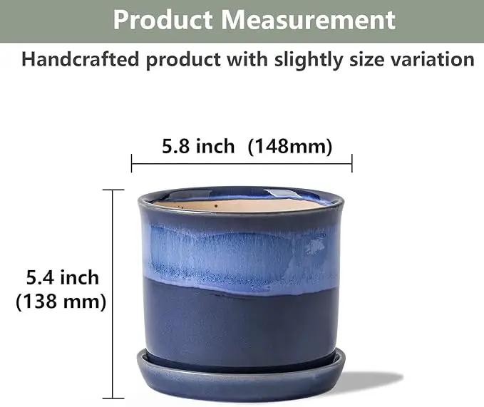 5.8 Inch Plant Pot: Ceramic Planter with Drainage Hole & Saucer - Gradient Blue Flowerpot for Indoor & Outdoor Plants with Separate Tray by GreenHaven Gardens