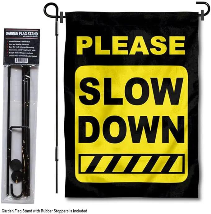 College Flags & Banners Co. Please Slow Down Speeding Sign Garden Flag with Pole Stand Holder by GreenHaven Gardens
