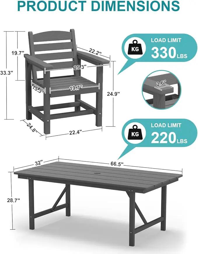 Patio Dining Set for 4 with Umbrella Hole - 66" Outdoor Table & 4 Chairs, All-Weather HDPE Outdoor Furniture for Lawn, Garden, Backyard, Poolside, Gray by GreenHaven Gardens