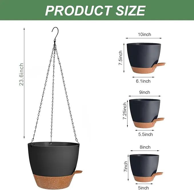 10/9/8 Inch Hanging Planter for Indoor Outdoor Plants, 3 Pack Self-Watering Hanging Pot with Drainage Holes Hanging Planter Baskets Plant Pots with Removable Tray (Black+Brown) by GreenHaven Gardens
