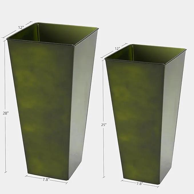 KOL 25'' & 28'' Tall Bright Glazed Planter with Insert, Set of 2, Galvanized Steel Planter Metal Pots with Drainage Hole for Indoor & Outdoor Use, Decorative Plant Pots for Front Porch, Patio - Green by GreenHaven Gardens
