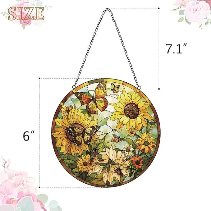 Sunflower Decor Suncatcher Stained Glass Window Hanging - Butterfly Stained Glass Suncatchers for Windows - Sun Catchers Indoor Window with Chain and Hook - Sunflower Gifts for Women Mom Teacher Gift by GreenHaven Gardens