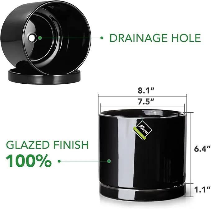 Aveyas 8 inch Ceramic Plant Pot with Drainage Hole and Saucer - Suitable for Indoor and Outdoor Use, Modern Planters for House Garden Flower Tree Snake Monstera Plants (8", Glossy Black) by GreenHaven Gardens