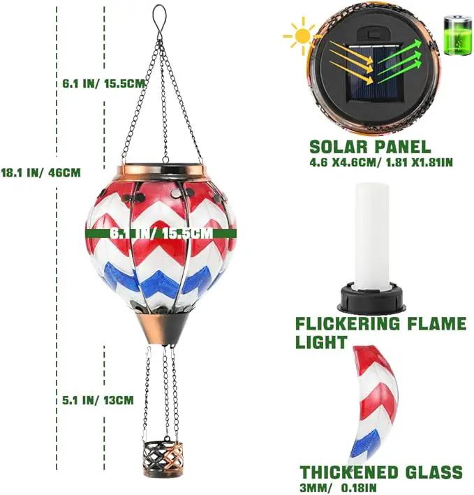 U.S Flag Hot Air Balloon Solar Lantern - Simulated Flickering Flame Stained Glass Light for Outdoor, Yard Hanging/ Waterproof IP65, Ideal 4th of July Gift for Patriot Veterans Patio Decor by GreenHaven Gardens