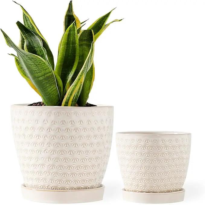 Plant Pots, Flower Pots, Planters for Indoor Plants(6.5+5.5inch), Flower Pots for Indoor Plants with Drainage Hole and Saucer, Ceramic Pots for Plants with Hole Mesh Pad,Reactive Glaze White by GreenHaven Gardens