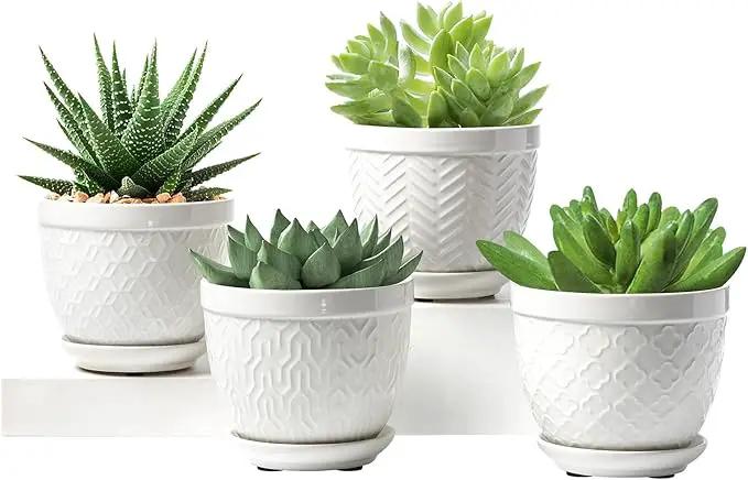 Sureasy Ceramic Plant Pots, 4.7 Inch Flower Pots for Indoor Plants, Succulent Pots with Saucer and Drainage Hole, Decorative Planter for Succulent, Cactus, Set of 4, White by GreenHaven Gardens