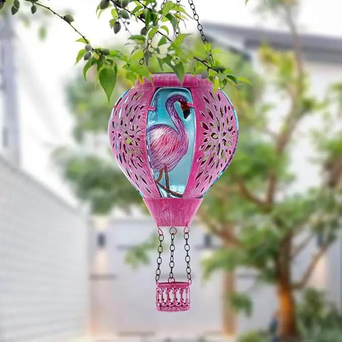 Starsoul Pink Hot Air Balloon Solar Lantern Flamingo Metal & Glass Solar Hot Air Balloon Hanging Garden Light Waterproof Outdoor Lantern for Patio Yard Party Decor by GreenHaven Gardens