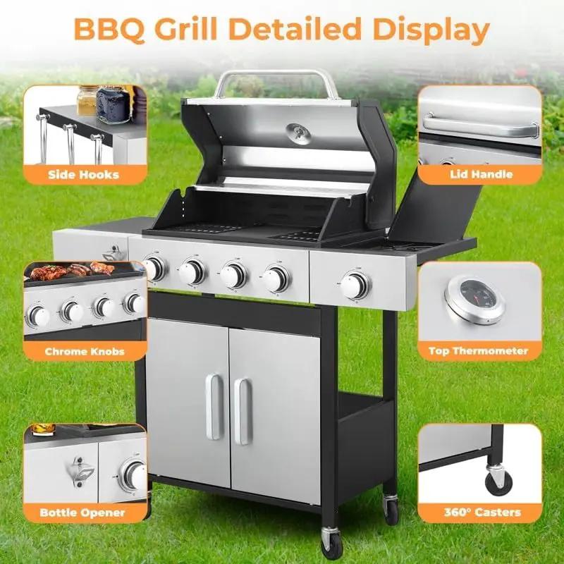 4-Burner Propane Gas Grill With Side Burner, 34,200 BTU Outdoor BBQ Grill with Stainless Steel Warming Rack & Enameled Cooking Grids – Foldable Side Tables, Built-in Thermometer – Heavy-Duty 6" Wheels by GreenHaven Gardens