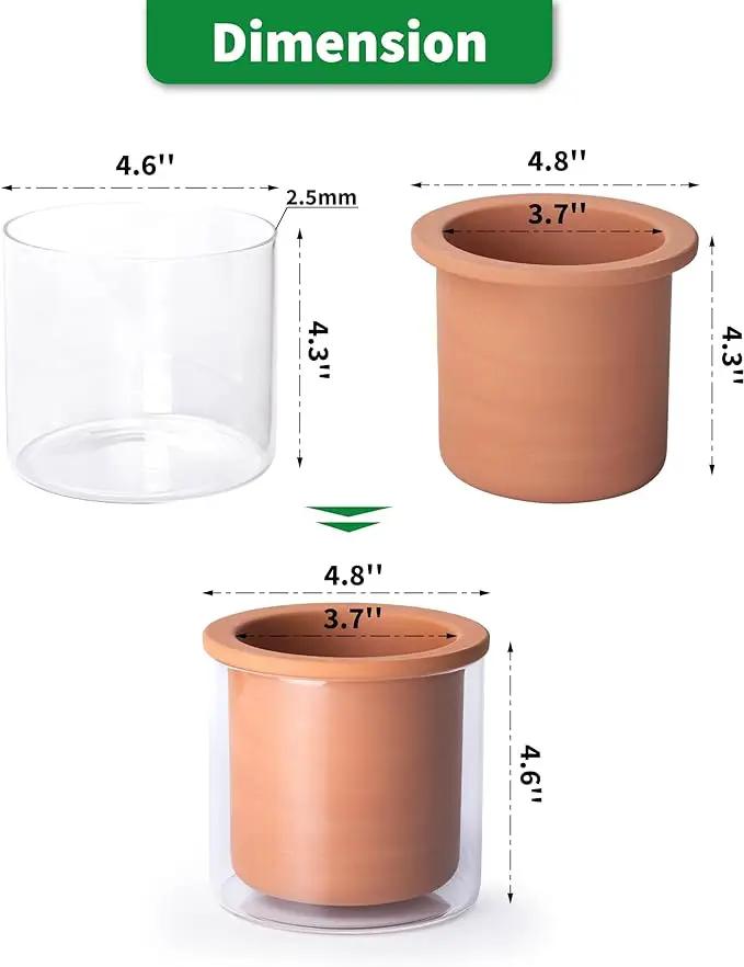 Phoenix Vine 4 Inch Self Watering Plants Pot, Design Terracotta Pot for Plants, Indoor Cylinder Terra Cotta Planter with Glass Vase, Set of 2, 51-A-E-2 by GreenHaven Gardens