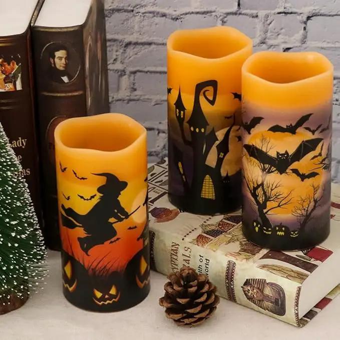 Halloween Real Wax LED Flameless Flickering Candles with 6H Timer, 3 Pcs Pillar Battery Operated Candle Sticks with Halloween Decal for Home Decor(3”x6”) by GreenHaven Gardens