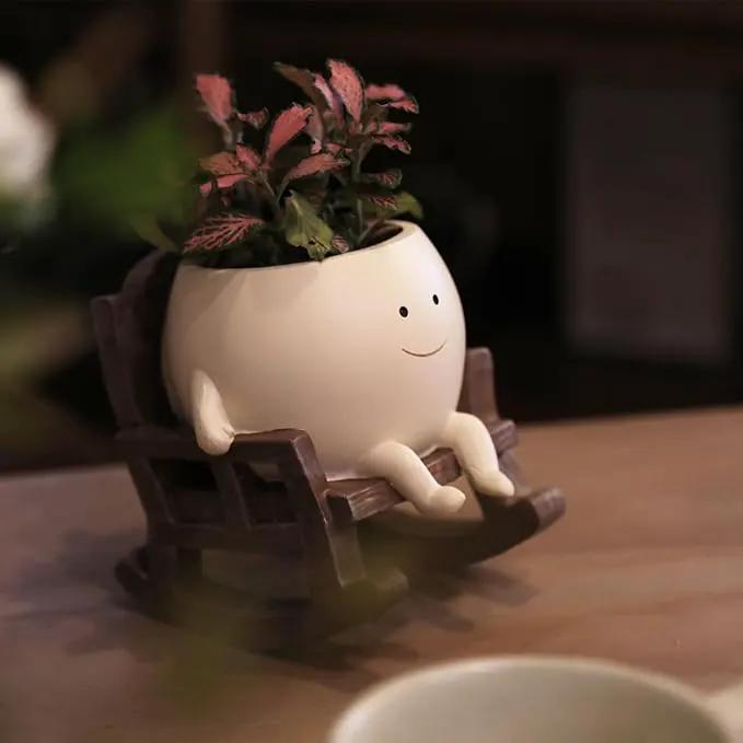 Smily Face Planter Pot Cute Resin Flower Head Planters for Indoor Outdoor Unique Sit Rocking Chair Succulent Pots Gift IdeaI for Mother and Appreciation Christmas with Drainage Hole by GreenHaven Gardens