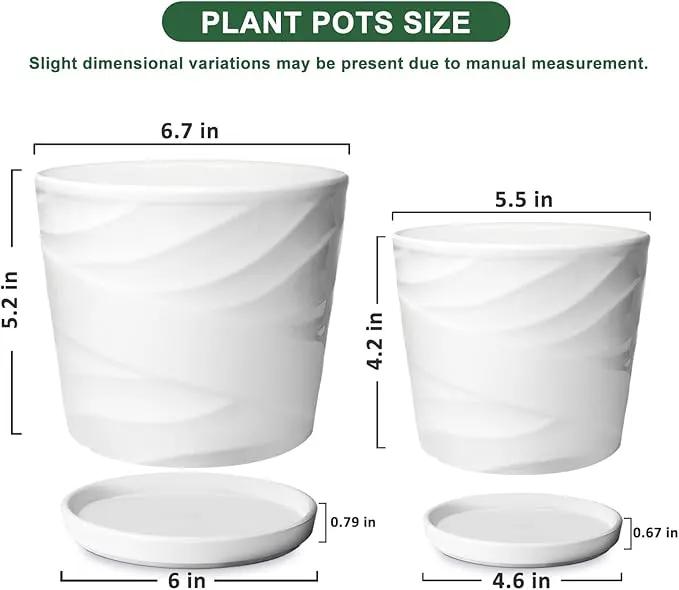 6.7 + 5.5 Inch Plant Pot, Ceramic Planter with Drainage and Saucer，Ceramic Pots for Plants, Indoor Plant pots，Succulent Orchid Flower Pot(Pure White) by GreenHaven Gardens