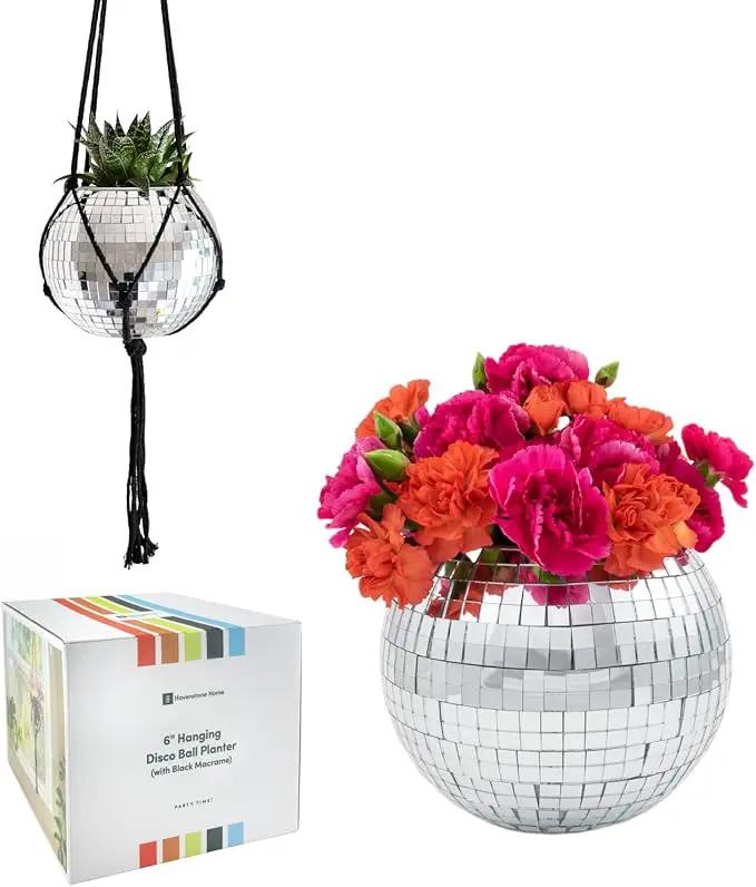 Hanging Disco Ball Planter 8" - with Acrylic Stand and Macrame Plant Hanger - Home Décor, Room Décor, Mirror Disco Planter, Disco Decor (6" with Black Hanger, Flat Base) by GreenHaven Gardens