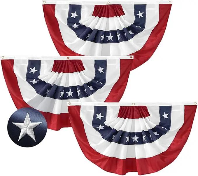 3Pack USA Pleated Fan Flag, 2x4 Feet American Bunting 4th of July Decorations Flags Patriotic Decor Embroidered Stars & Sewn Stripes Canvas Header Brass Grommets for Outside Porch Garden by GreenHaven Gardens
