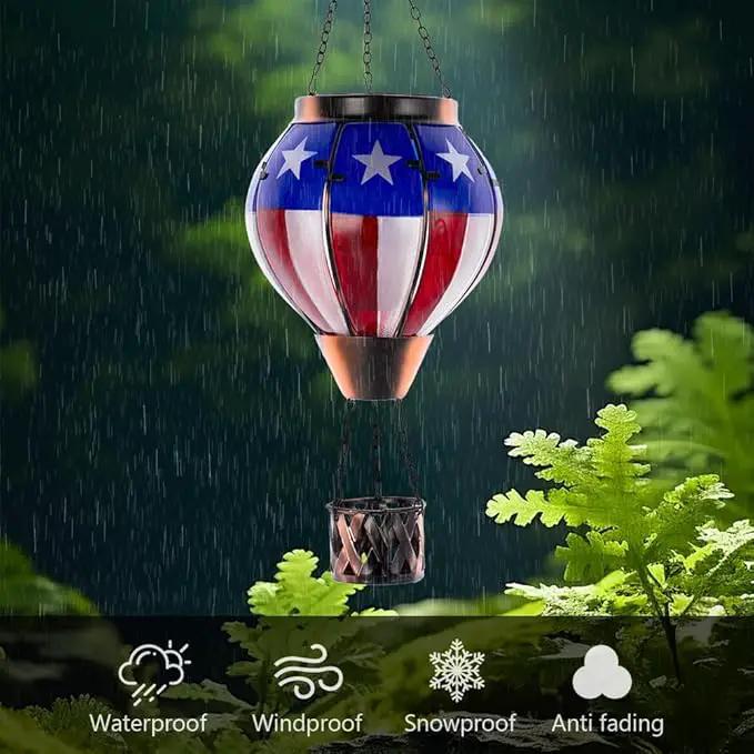 Hot Air Balloon Outdoor Lantern with Flickering Flame, Handmade Glass Solar Lantern with Flag Pattern Waterproof Lantern Lamp for Patio, Garden, Porch by GreenHaven Gardens