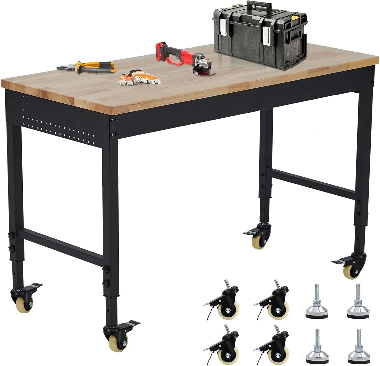 72" x 25" Heavy-Duty Adjustable Workbench with Power Outlets - 2000LB Capacity Garage Workbench, Rubberwood Top, Locking Wheels, Mobile Workstation for Workshop, Office & Home by GreenHaven Gardens