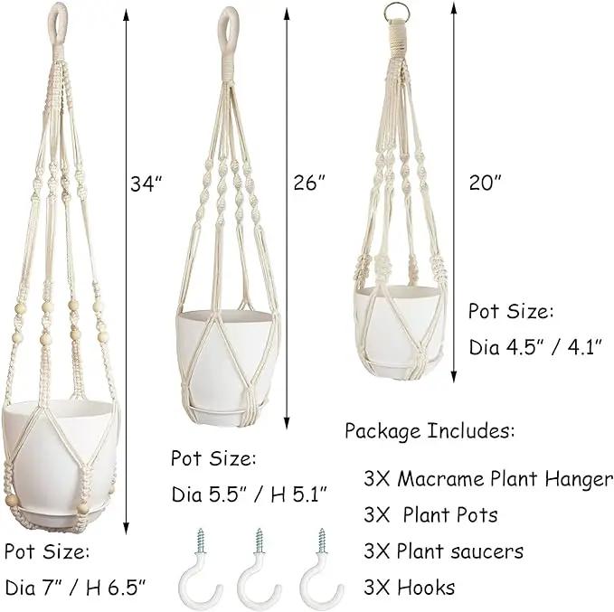 Macrame Plant Hangers with Pots and Saucers, 3 Pack Hanging Planters for Indoor Plants Hanging Plant Holders with Hooks 34" / 26" / 20" by GreenHaven Gardens