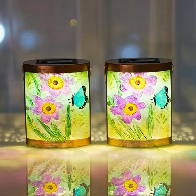 Starsoul 2 Pack Hanging Solar Lantern Outdoor Waterproof Glass Butterfly and Flowers Decorative Solar Lights for Outside Garden Yard Table Patio Decor by GreenHaven Gardens