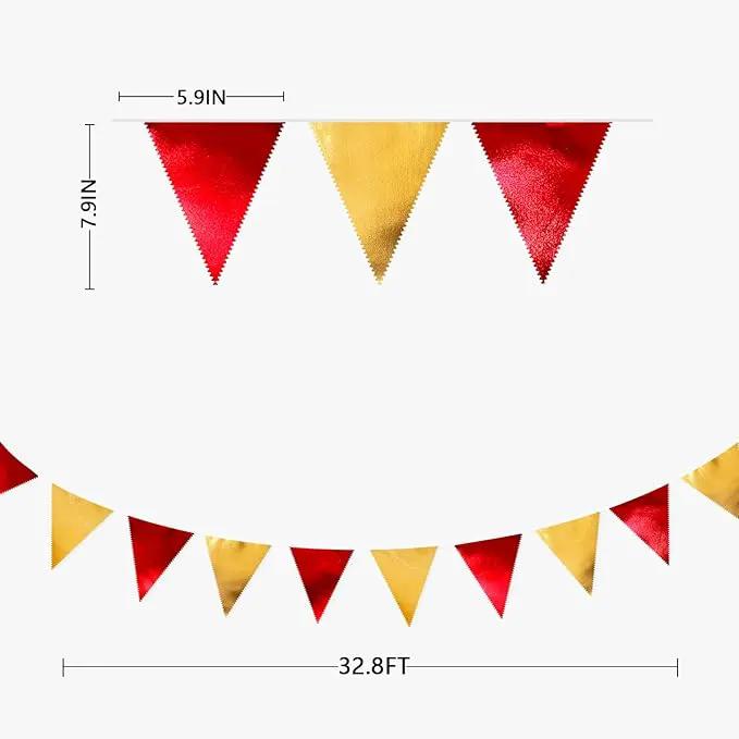 Red Gold Party Decorations Metallic Fabric Triangle Pennant Banner Flag Bunting Garland for Graduation Birthday Wedding Bachelorette Anniversary Baby Shower Christmas Holiday New Year Party Supplies by GreenHaven Gardens