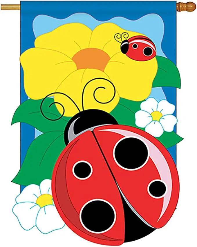 Two Group - Ladybug Garden Friends - Everyday Bugs & Frogs Applique Decorative Vertical House Flag 28" x 44" by GreenHaven Gardens