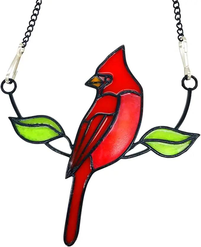 Cardinal Suncatcher, Small Stained Glass Birds Window Hanging Decoration by GreenHaven Gardens