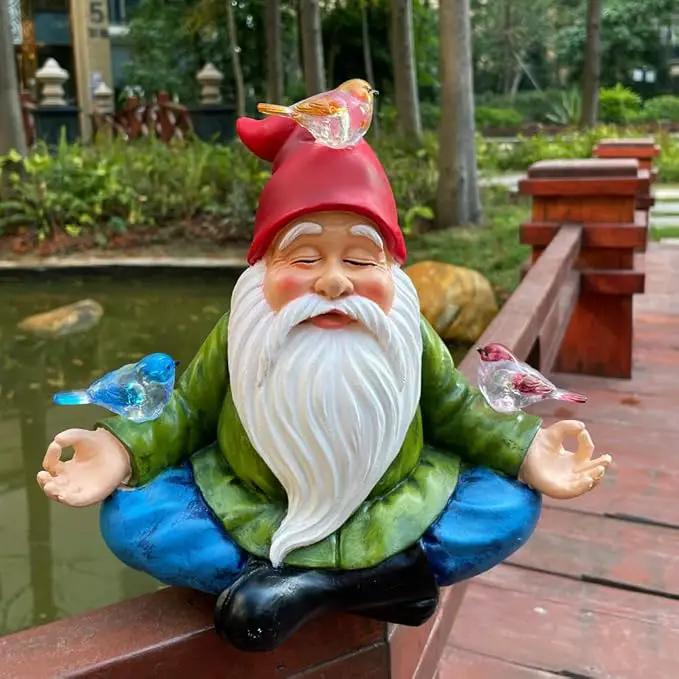 Solar Powered Gnome with Red Hat and 3 Birds Decorated Solar Light, Garden Decorations Statues, Garden Light Decor for Lawn Ornaments, Resin Garden Figurines (Gnome with 3 Birds) by GreenHaven Gardens