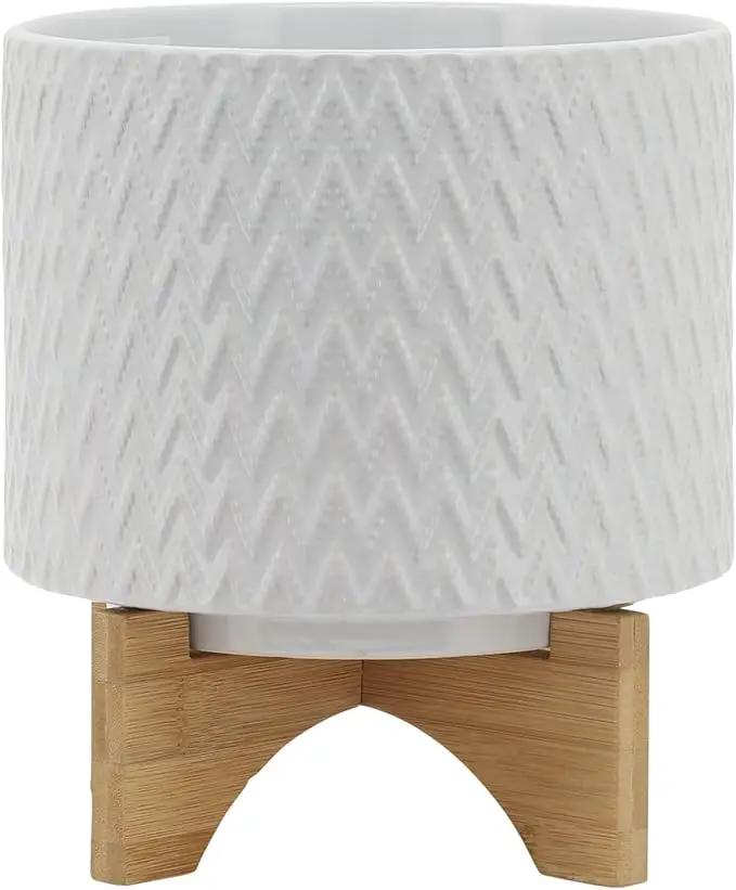 8" Ceramic Planter on Wooden Bamboo Stand - Contemporary White Chevron Design for Indoor or Outdoor Plants, Succulents, Cactus by GreenHaven Gardens