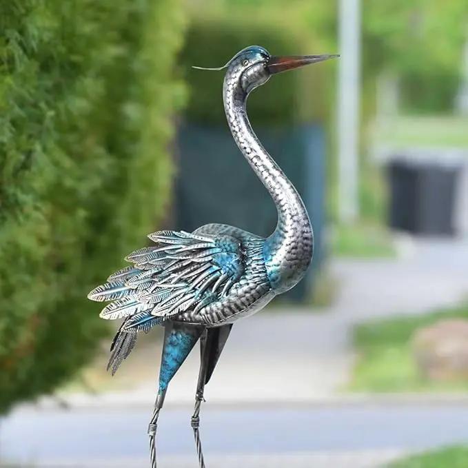 Crane Garden Decor Statue, Blue Heron Garden Statue Metal Yard Art Outdoor Decoy, Garden Sculptures & Statues for Yard/Garden/Lawn/Pond/Outdoor Decoration, 1Pc by GreenHaven Gardens