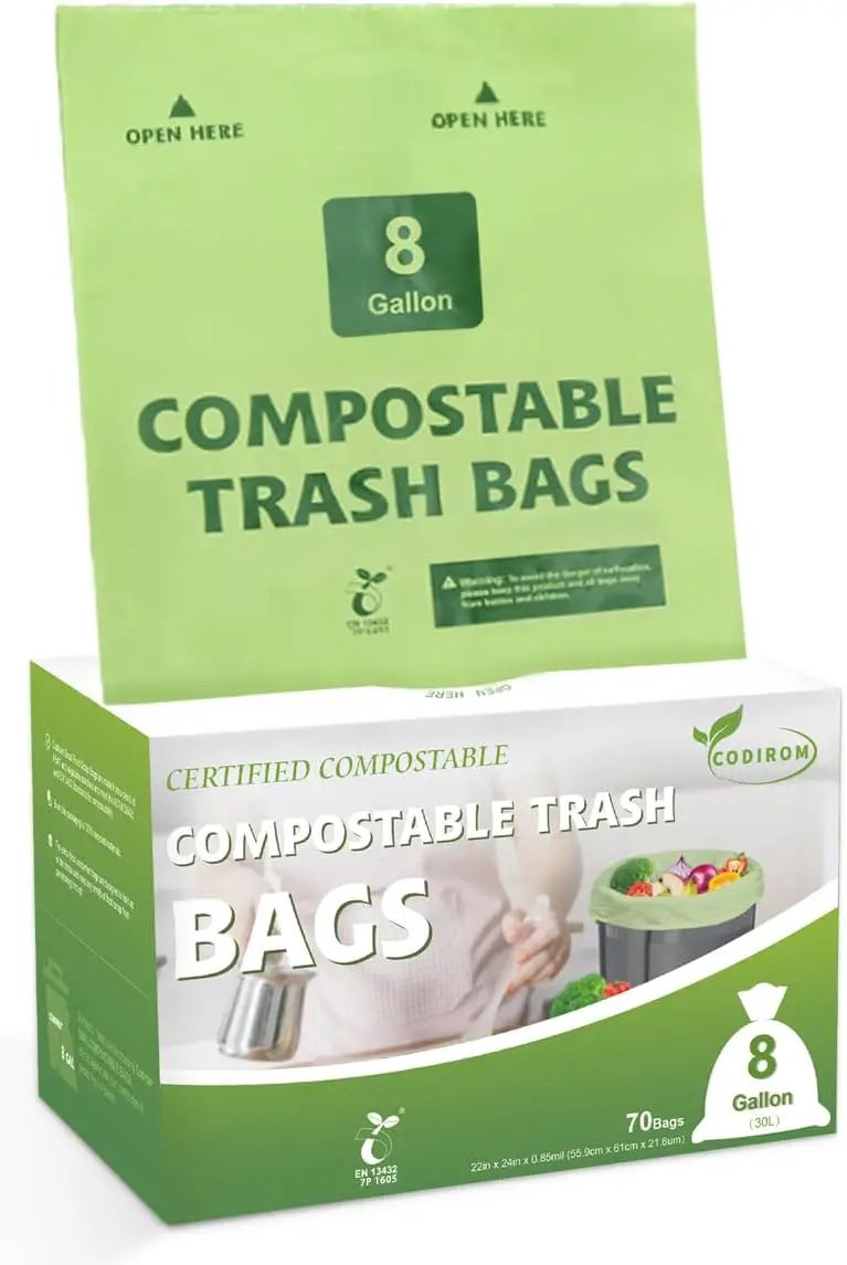 100% Compostable Trash Bags, 8 Gallon, 30 Liter, 0.85 Mils, 70 Count Large Kitchen Food Scrap Compost Bags for Kitchen Step Trash Cans with Europe EN13432 Certified by GreenHaven Gardens