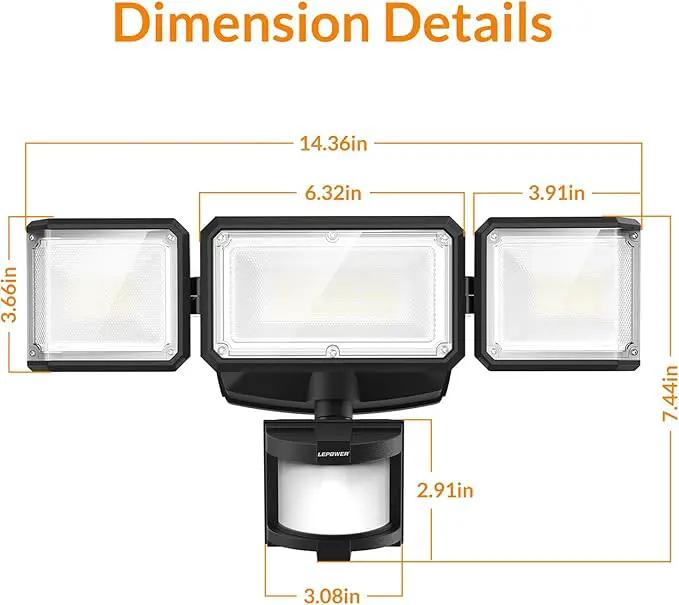 LEPOWER Battery Powered LED Flood Light Outdoor,1500LM Motion Sensor Security Lights, IP65 Waterproof,Wireless Flood Light Battery Operated,3 Head Motion Detector Light for Garage,Yard,Porch(Black) by GreenHaven Gardens