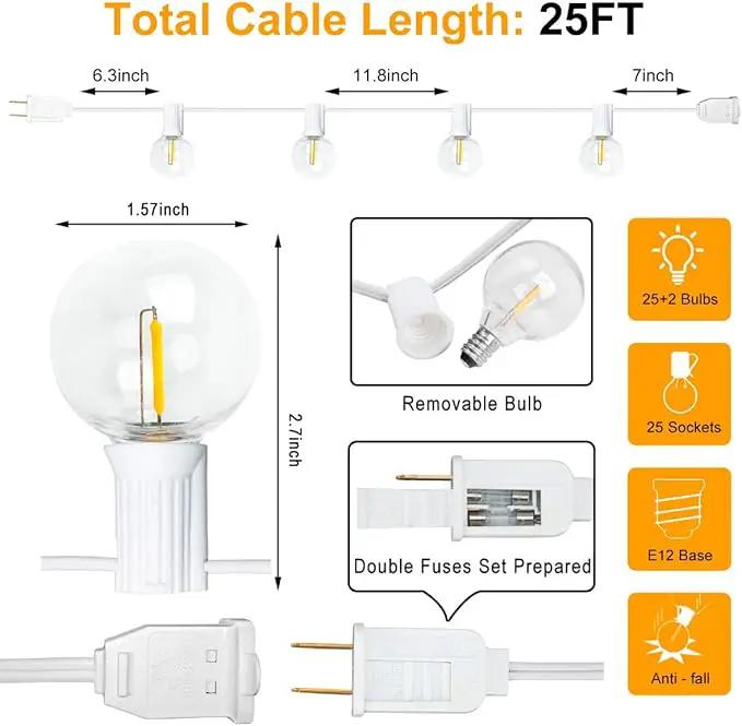 25Ft G40 Outdoor Patio String Lights,LED Bistro String Light with 27 Clear Shatterproof Bulbs(2 Spare),Decorative String Lights for Patio Garden Backyard Cafe Party Wedding Christmas,White Wire by GreenHaven Gardens