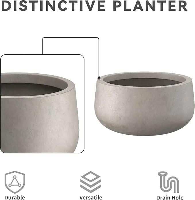 Kante 15.7" Dia Round Concrete Planter, Outdoor Indoor Garden Plant Pots with Drainage Hole and Rubber Plug, Modern Curvaceous Design, Weathered Concrete by GreenHaven Gardens