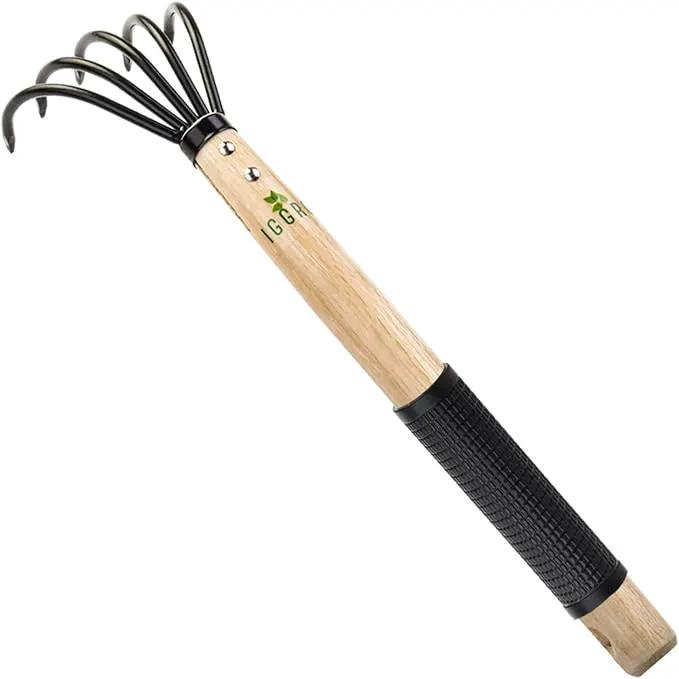 15inch Wood Hand Japanese Claw Rake NonSlip Rubber Handle, Military Grade Steel 5 Tine Cultivator Gardener for Pulverized and Aerated Soil by GreenHaven Gardens